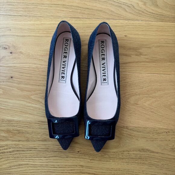 LIMITED EDITION Roger Vivier Gommettine Leather-Trimmed Denim Flats 38.5 - Picture 6 of 11